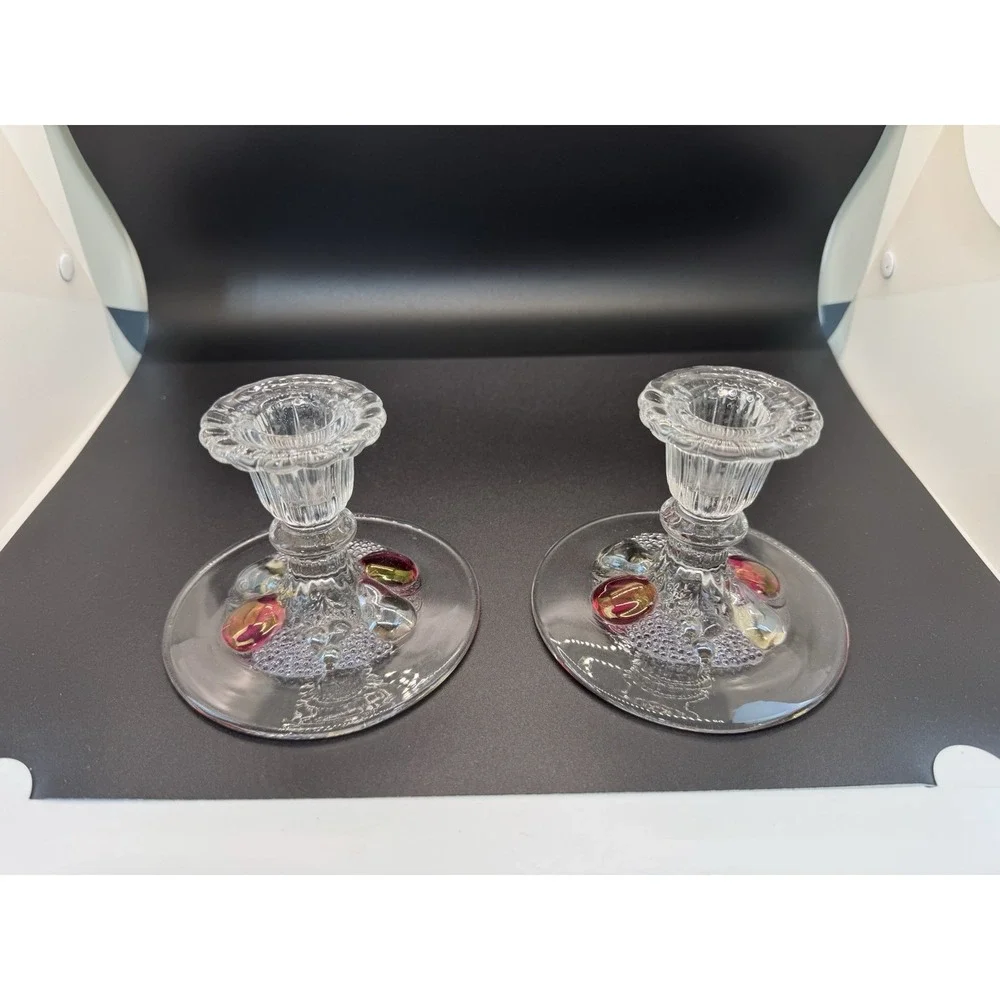 Candle Stick Holder Fruit Westmoreland Della Robbia Ruby Flashed PAIR 3.5 Inches